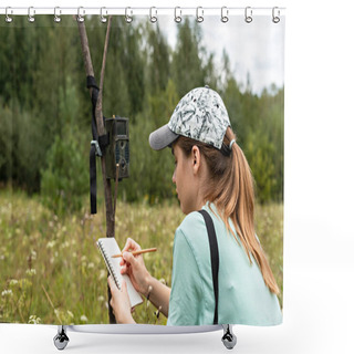 Personality  Young Woman Scientist Zoologist Writing Down Data From Trap Camera To Notepad, Observing Wild Animals In Reserve Taiga Forest, Monitoring Of Rare Endangered Animal Species, Ecology World Wildlife Day Shower Curtains