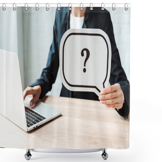 Personality  Cropped View Of Woman Holding Speech Bubble With Question Mark While Working In Office  Shower Curtains