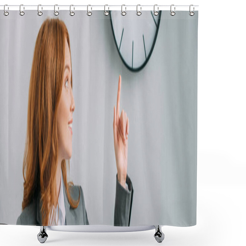 Personality  Positive Redhead Businesswoman Pointing With Finger And Looking At Wall Clock On Grey, Banner Shower Curtains