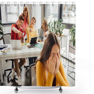 Personality  Schoolchildren Laughing While Bullying Sad Girl On Foreground Shower Curtains