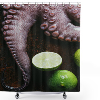 Personality  Top View Of Raw Octopus Tentacles With Limes On Rusty Surface Shower Curtains