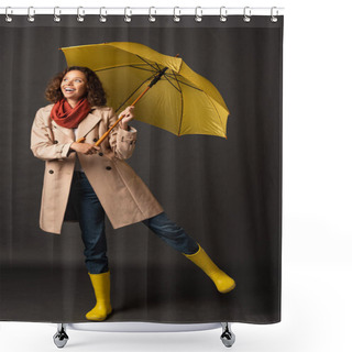 Personality  Happy Woman In Trench Coat And Rubber Boots Posing With Yellow Umbrella On Black Background Shower Curtains