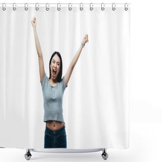 Personality  Happy Asian Girl Showing Yeah Gesture With Open Mouth Isolated On White Shower Curtains