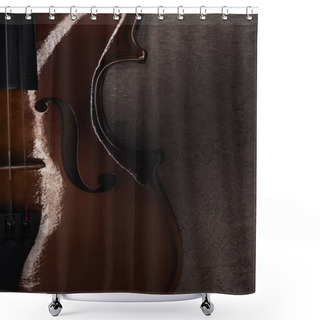 Personality  Top View Of Classical Cello On Grey Textured Surface In Darkness Shower Curtains