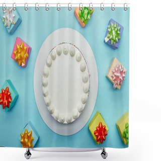 Personality  Top View Of Delicious Cake And Gifts On Blue Background Shower Curtains