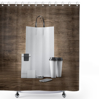 Personality  Set Of White Craft Shopping Bag, Two Coffee Cups, Business Cards And Generic Design Smartphone. Wood Background. 3d Render Shower Curtains