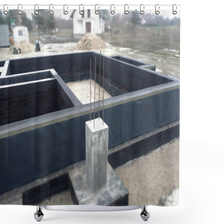 Personality  Concrete Foundation For A House Building. Real Estate Business Shower Curtains