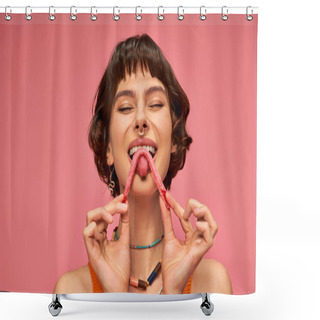 Personality  Pleased And Young Woman With Nose Piercing Licking Sweet And Sour Candy Strip On Pink Background Shower Curtains