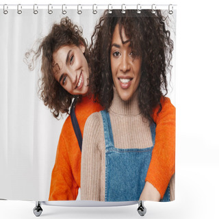 Personality  Image Of A Pretty Happy Smiling Two Multiracial Girls Friends In Denim Jumpsuits Isolated Over White Wall Background. Shower Curtains