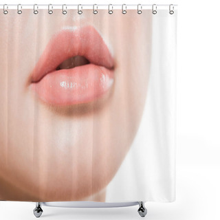 Personality  Close-up View Of Beautiful Female Lips And Face With Perfect Skin Isolated On White Shower Curtains