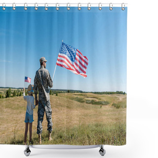 Personality  Soldier Holding Hands With Child And Holding American Flag  Shower Curtains