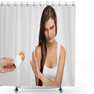 Personality  Beautiful Healthy Woman Quitting Smoking, Refusing Cigarettes.  Shower Curtains