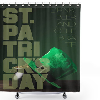 Personality  Close Up View Of Hat And Pot Of Gold On Wooden Tabletop With St Patricks Day Lettering Shower Curtains