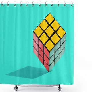 Personality  Colourful Solved Rubiks Cube Balanced On Edge, A Puzzle Game Requiring All The Squares Of A Particular Colour Be Arranged On Each Side Of The Cube, On A Cyan Background With A Shadow Shower Curtains