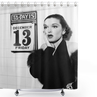 Personality  Young Woman Looking Shocked After Seeing Friday The 13th On A Calendar Shower Curtains