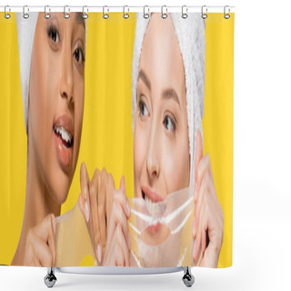 Personality  Panoramic Shot Of Smiling Multiracial Girls Holding Hydrogel Masks, Isolated On Yellow Shower Curtains