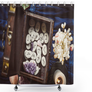 Personality  Clairvoyant Tools Rune Stones, Crystal Pendulums In Natural Dark Wooden Case Box On Dark Blue Background. Instagram Filter. Shower Curtains