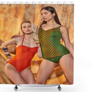 Personality  Multiethnic Models In Swimwear Posing Together On Beige Backdrop With Drapery, Cultural Diversity Shower Curtains