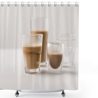 Personality  Glasses With Coffee And Milk On White Background Shower Curtains