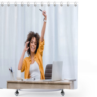 Personality  Beautiful Young Woman Talking By Phone And Raising Hand Happily Shower Curtains