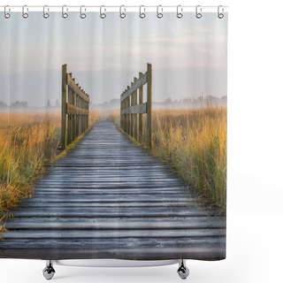 Personality  Wooden Bridge At The North Sea With Fog Shower Curtains