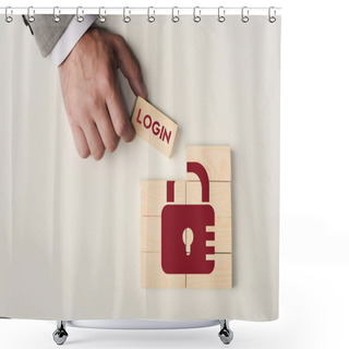 Personality  Partial View Of Man Holding Brick With 'login' Lettering Over Wooden Blocks With Lock Icon Isolated On White Shower Curtains