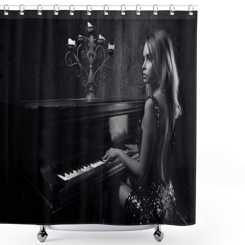 Personality  Beautiful woman with fancy elegant dress posing in the piano roo shower curtains