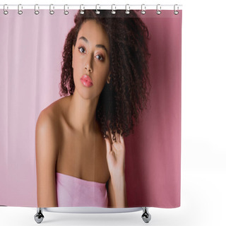 Personality  Portrait Of Young Curly African American Woman On Pink Shower Curtains