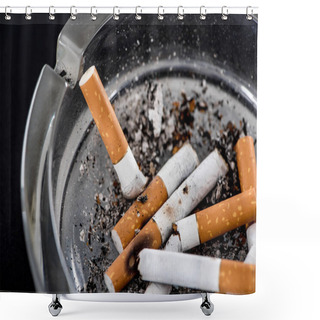 Personality  Close Up Shot Of Cigarette Butts In Glass Ashtray Shower Curtains