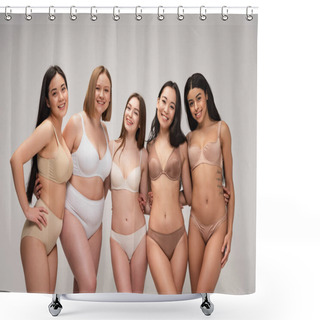 Personality   Five Attractive Multicultural Women In Lingerie Hugging While Posing At Camera Isolated On Grey, Body Positivity Concept Shower Curtains