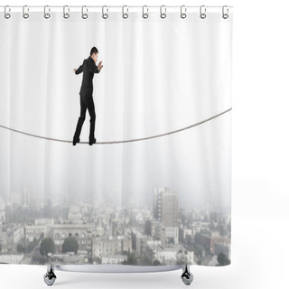 Personality  Businessman Balancing And Walking On The Rope With Urban Scene Shower Curtains