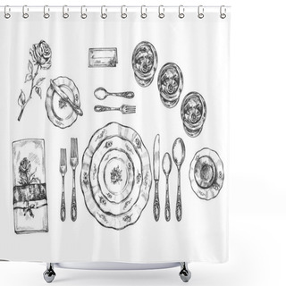 Personality  Set Of Vintage Dishes, Glasses And Cutlery Shower Curtains