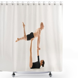 Personality  A Shirtless Young Man Performs A Handstand Atop Another Woman, Both Engaged In An Acrobatic Feat In A Studio Setting. Shower Curtains