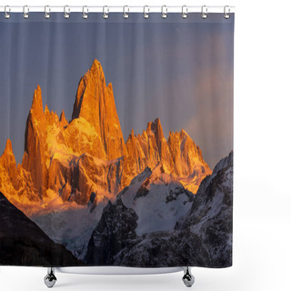 Personality  The First Rays Of Sunlight Shine On The Fitz Roy Mountain, Creating Hues Of Red And Orange. Fitz Roy Is Located Near The Village Of El Chaltn In The Patagonia Region Of Argentina. Shower Curtains