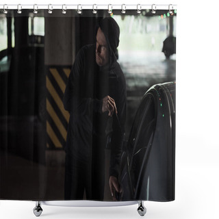 Personality  Cautious Male Thief In Black Hoodie Intruding Car By Picklock  Shower Curtains