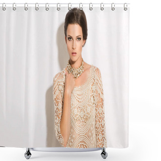 Personality  Attractive Woman With Pinned Hair And Jewellery Standing Over Wh Shower Curtains