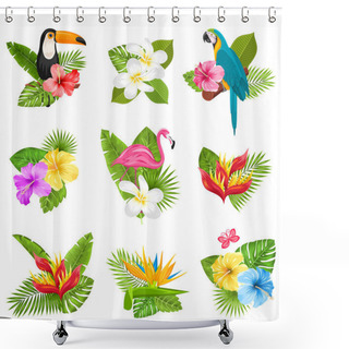 Personality  Set Composition With Tropical Flowers, Exotic Bird And Plants Shower Curtains