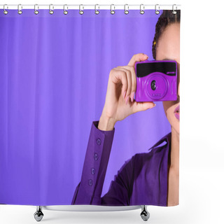 Personality  Cropped View Of Girl In Purple Jacket Taking Photo On Camera, Isolated On Ultra Violet Shower Curtains