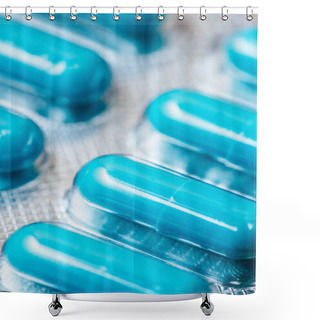 Personality  Close-up Shot Of Blister With Blue Medical Capsules Shower Curtains