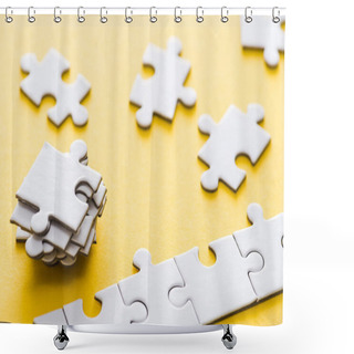 Personality  Selective Focus Of Connected Jigsaw Near Stack Of Puzzle Pieces On Yellow  Shower Curtains