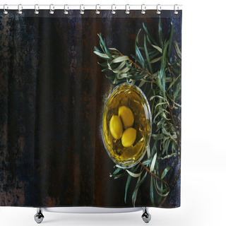Personality  Top View Of Glass Of Olive Oil And Twigs On Marble Table Shower Curtains