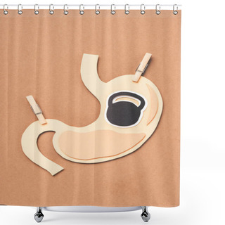 Personality  Flat Lay With Human Stomach With Clothespins And Symbol Of Kettlebell On Beige Shower Curtains