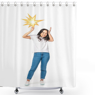 Personality  Scared Asian Woman With Closed Eyes Holding Bang Sign Isolated On White Shower Curtains