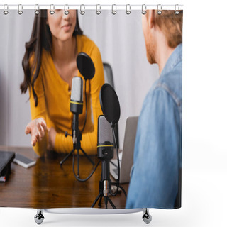 Personality  Cropped View Of Radio Host Gesturing While Interviewing Man In Studio Shower Curtains