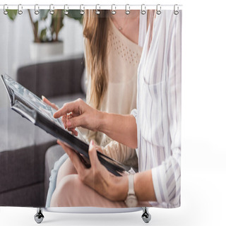 Personality  Cropped View Of Woman Pointing With Finger At Photo Album While Sitting Near Daughter Shower Curtains