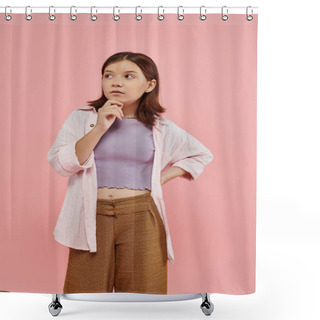 Personality  Thoughtful And Stylish Teenage Girl Standing With Hand On Hip And Looking Away On Pink Backdrop Shower Curtains