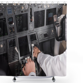 Personality  High Angle View Of Pilot Using Thrust Lever Near Co-pilot In Airplane Simulator Shower Curtains