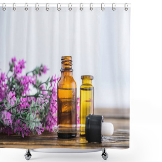 Personality  Bottles With Essential Oils, Dropper And Heather Flowers On White Background Shower Curtains