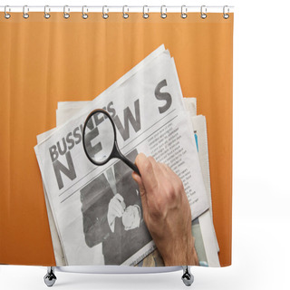 Personality  Man Holding Magnifying Glass And Zooming News Lettering While Reading  Business Newspapers On Orange  Shower Curtains