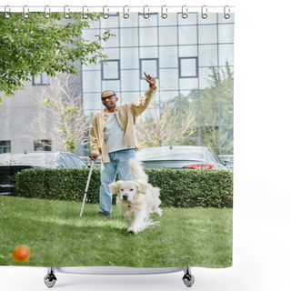 Personality  A Disabled African American Man With Myasthenia Gravis Walks A Labrador Dog On Top Of A Vibrant Green Field. Shower Curtains